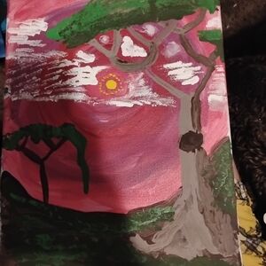 Nicole Pink and Green Sunset Landscape Painting